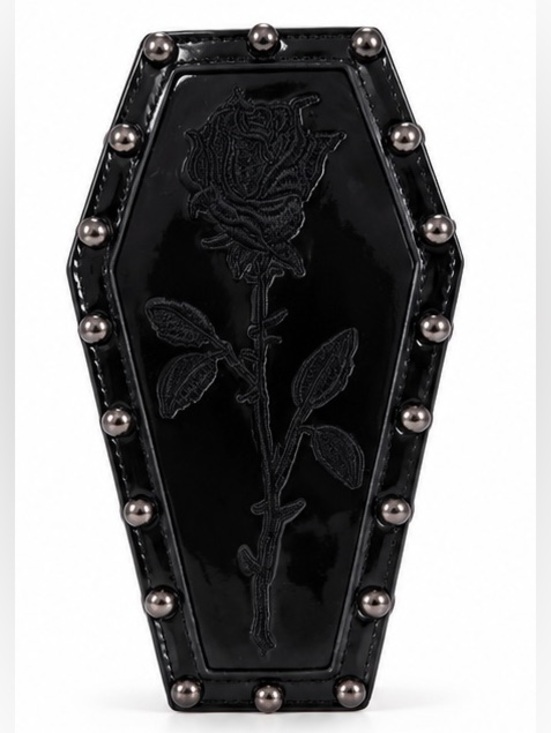 Accessories - Black Patent Coffin Belt Bag Goth Rose Embroidered Studded Festival Punk Y2K